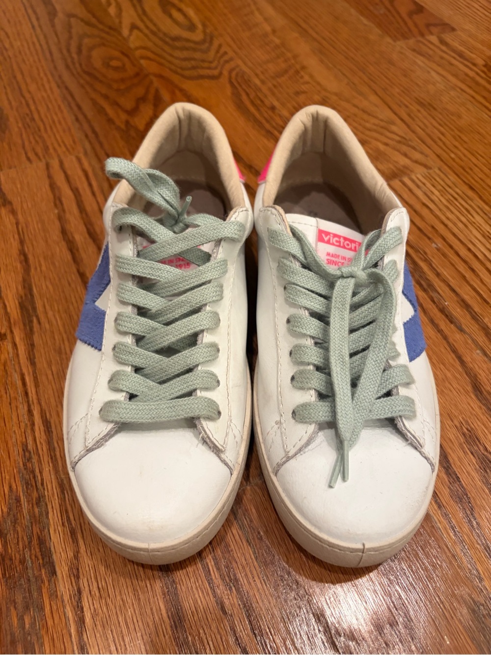 Women's White Leather Sneakers with Blue Side Stripe and Mint Laces